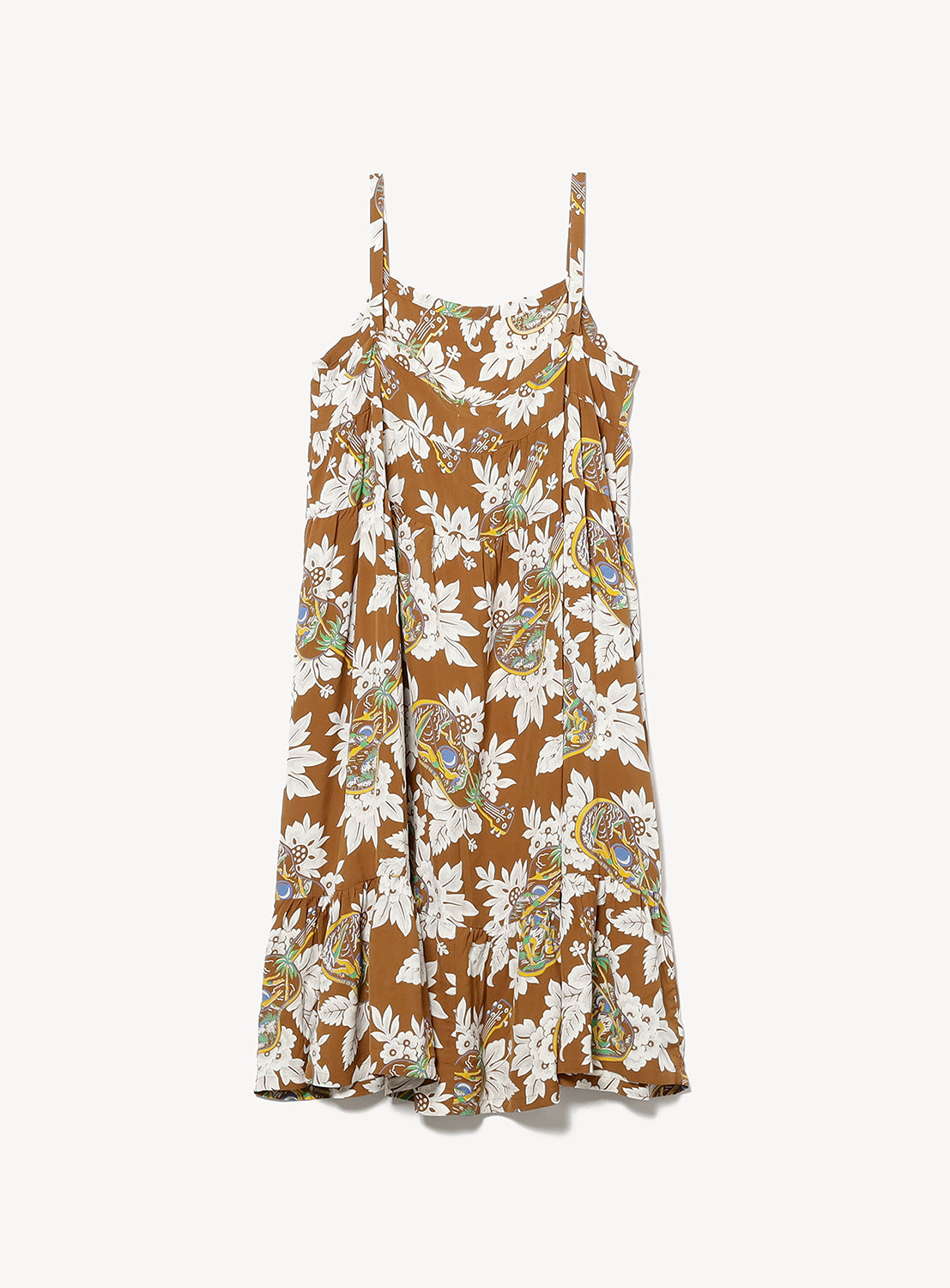 The [Exclusive] SUN SURF Sleeveless Cami Dress by SUN SURF features a brown base with white and yellow floral print, thin shoulder straps, and a loose, flowy fit—ideal for relaxed resort wear. Laid flat on a white background.