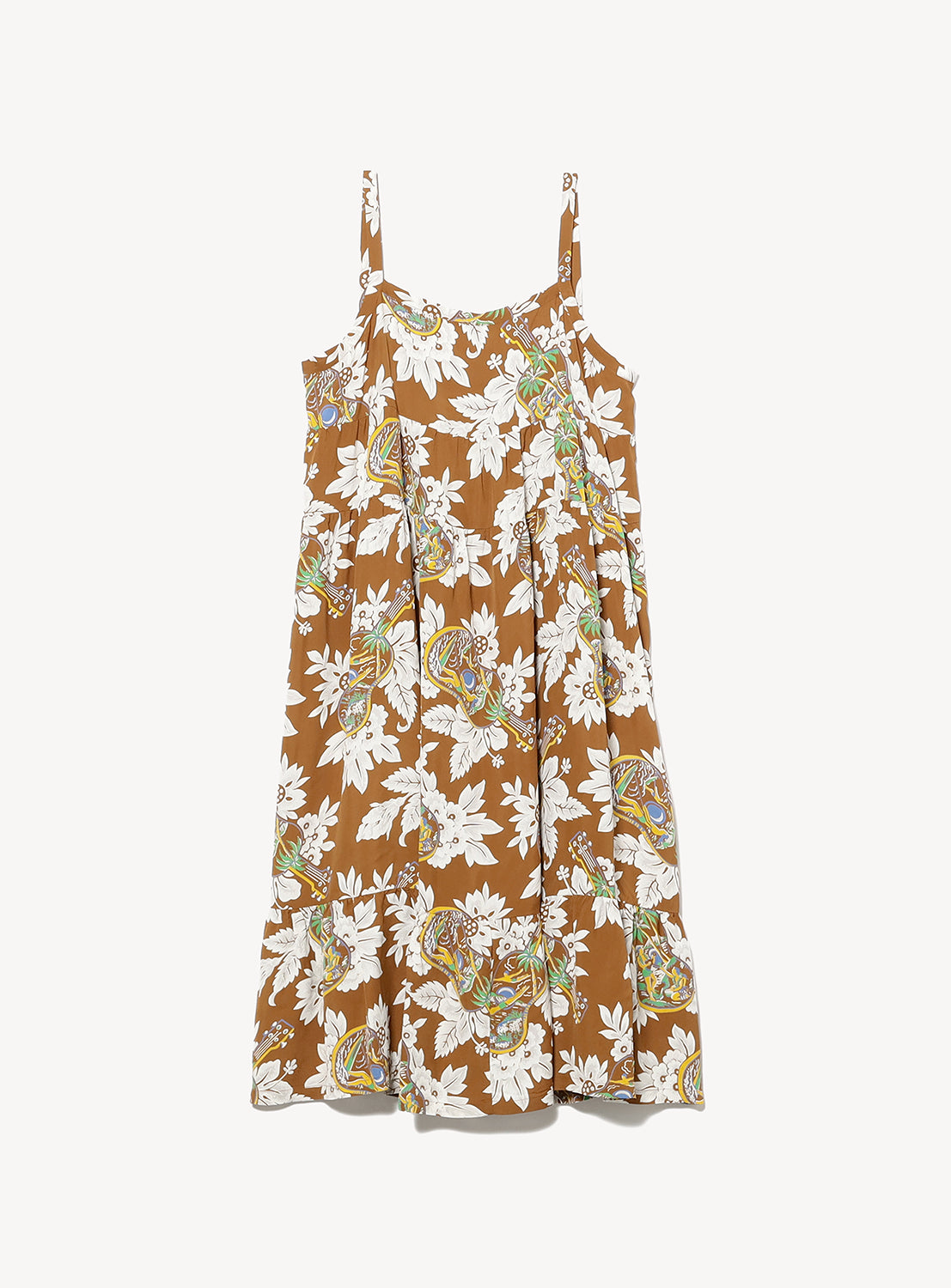 The [Exclusive] SUN SURF Sleeveless Cami Dress by SUN SURF features a brown base with thin straps, white floral pattern, green and yellow highlights, and a tiered skirt—ideal resort wear or for a vintage aloha vibe. Shown on a plain white background.