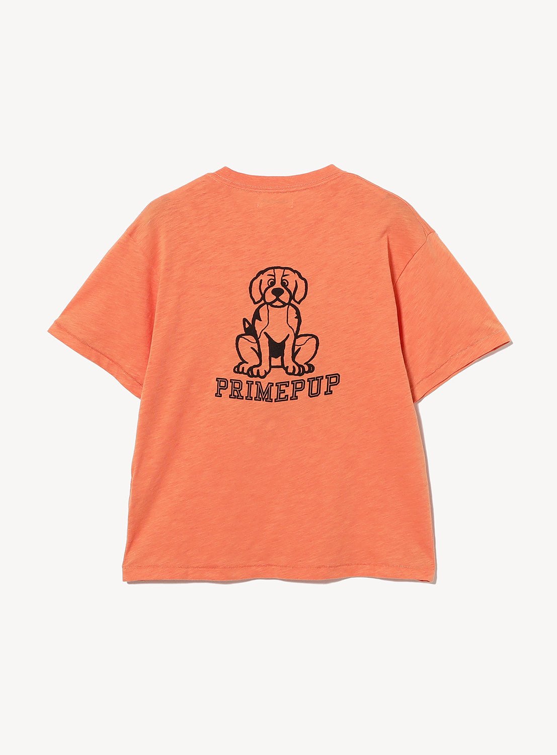 Orange t-shirt with a dog graphic and 'PRIMEPUP' text on a white background