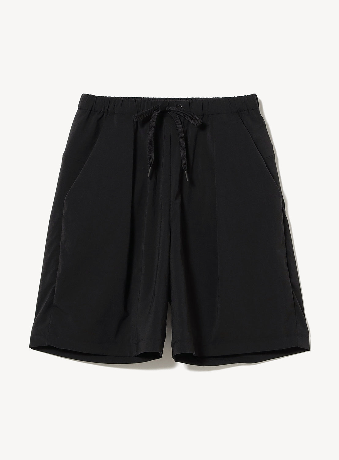 The TEATORA Wallet Shorts Resort - Doctoroid are black, quick-drying shorts with an elastic waistband, drawstring, and two side pockets, made from breathable performance fabric and displayed flat on a white background.