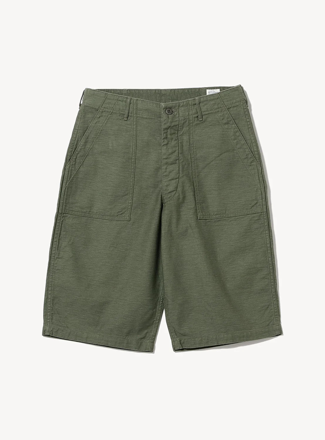 Olive green shorts with front patch pockets, a button and zip closure, and a relaxed fit, displayed on a plain white background.
