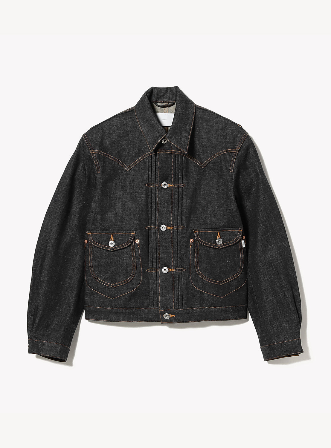 Dark denim jacket on a light gray background