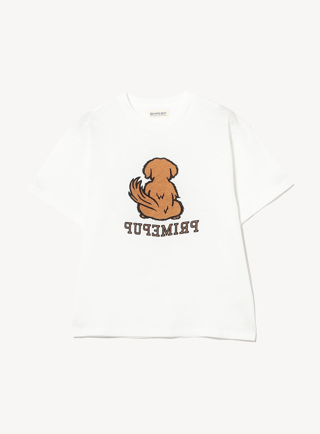 The Preppy Dog Graphic T-Shirt by BEAMS BOY is crafted from vintage-inspired cotton and features a brown dog sitting with its back turned above the word "PRIMEPUP" in stylized, upside-down text—making it a perfect addition to any preppy style wardrobe.