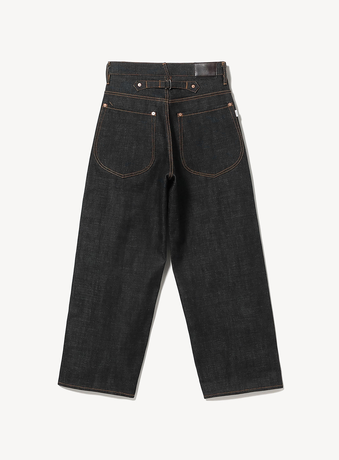 A pair of SUGARHILL Classic Denim Pants shown from the back, featuring vintage-inspired details like large back pockets, contrast stitching, and an adjustable belt at the waistband.