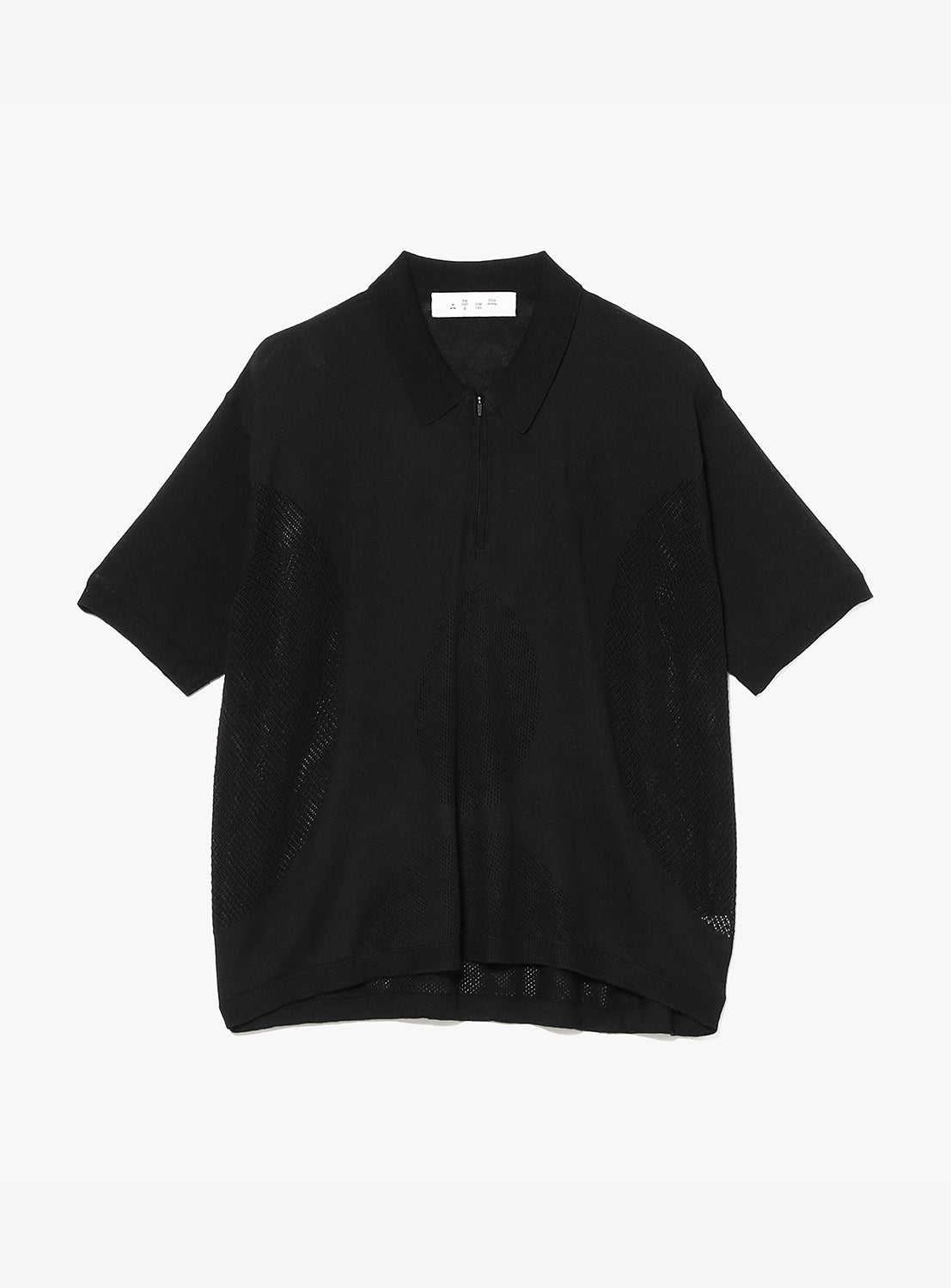The BAL Ventilation Mesh Knit Zip Short Sleeve Polo Shirt is a black high-gauge knit polo featuring a front zip collar and mesh side panels, shown against a plain white background.