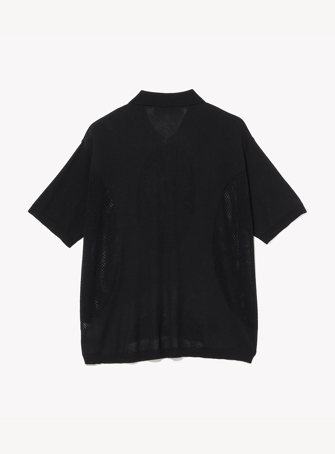 Back view of the BAL Ventilation Mesh Knit Zip Short Sleeve Polo Shirt in black, featuring a loose fit with short sleeves, mesh panels on the sides, and a subtle oval-shaped mesh detail at the center back.