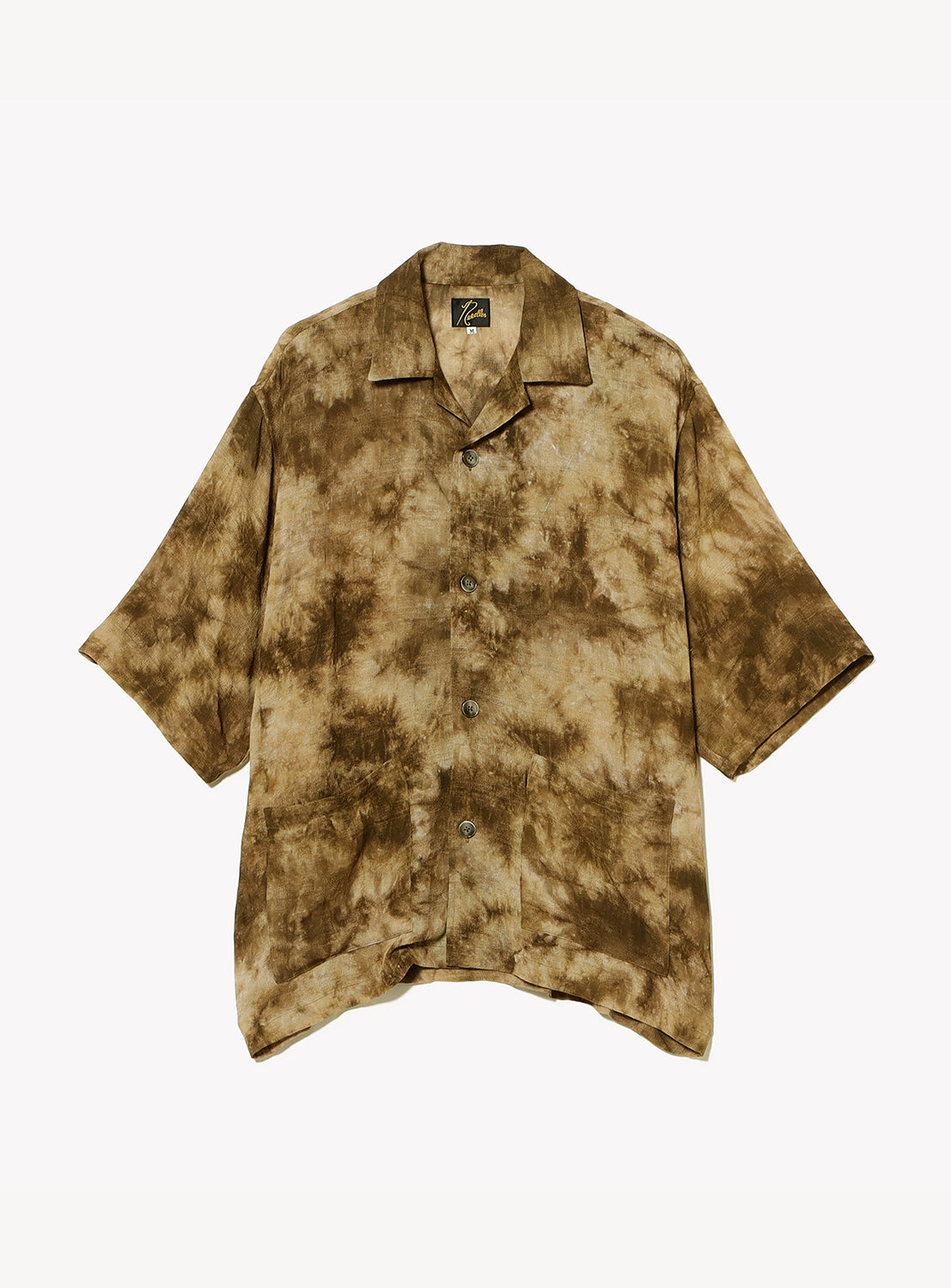 Front view of a short-sleeve open-collar shirt in a relaxed fit, featuring an all-over brown and beige tie-dye pattern. Designed with a button-front closure, large patch pockets at the hem, and a straight silhouette for an effortless, resort-inspired look.