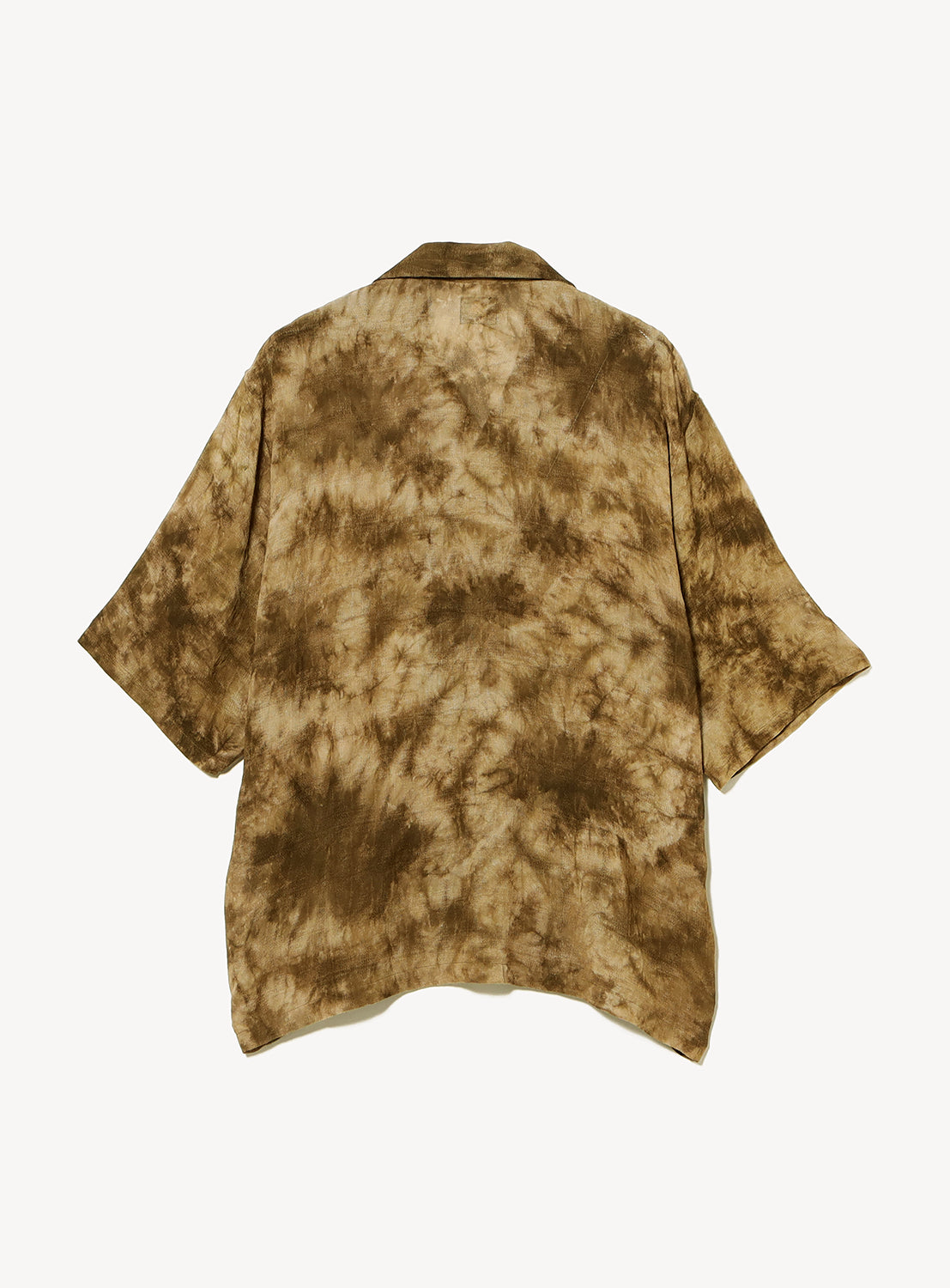 Back view of a short-sleeve open-collar shirt showcasing the all-over brown and beige tie-dye pattern. The relaxed, boxy silhouette and clean back panel highlight the garment's fluid drape and unique dye variations.