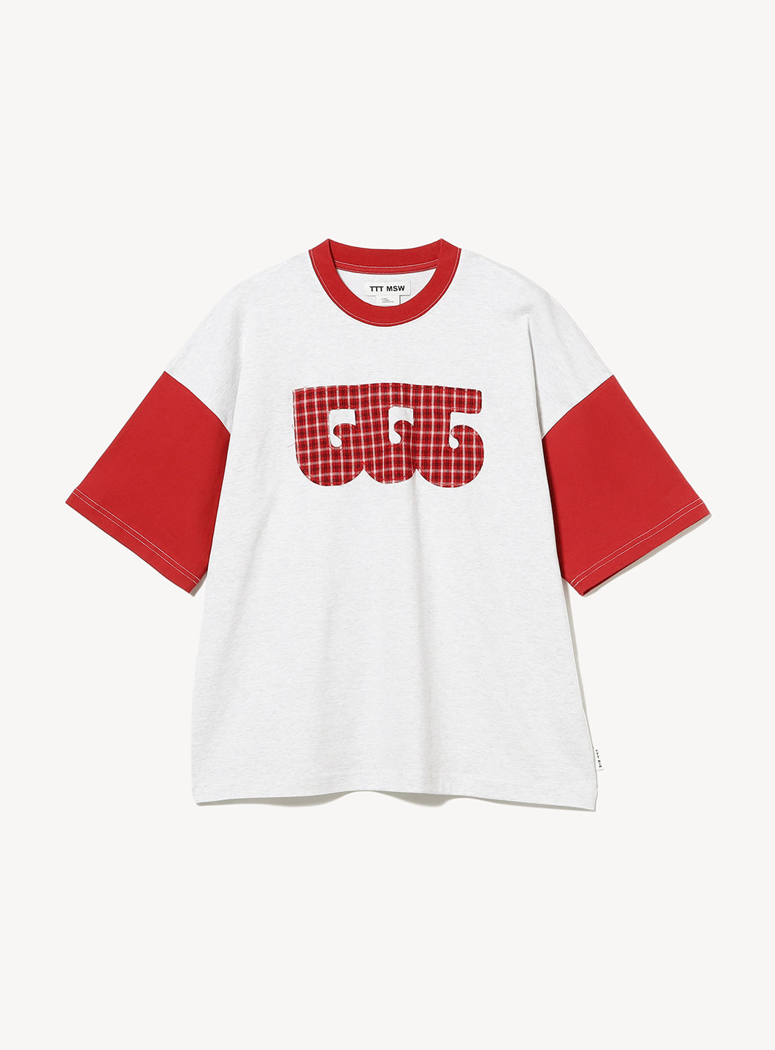 The Wave Logo Ringer T-Shirt by TTT MSW is a white retro-inspired design featuring a bold red collar and sleeves. A striking red-and-white grid-pattern graphic, reminiscent of stylized chunky text, adorns the chest—offering a perfect nod to classic streetwear style. Inside the collar, the label reads YES EASE.