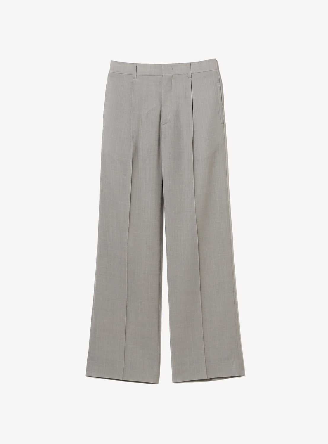 KANAKO SAKAI's Sheer Trousers are light grey wool-blend with a high waist, pleated front, belt loops, side pockets, and a tailored straight-leg silhouette shown on a plain white background.