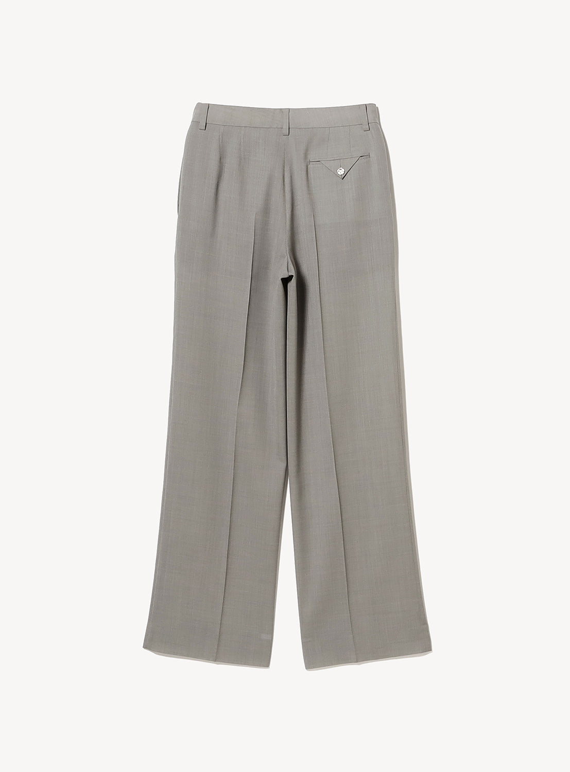 Sheer Trousers by KANAKO SAKAI shown from the back, featuring a single right back pocket with flap and button, belt loops, and wide straight-leg silhouette for a tailored look.