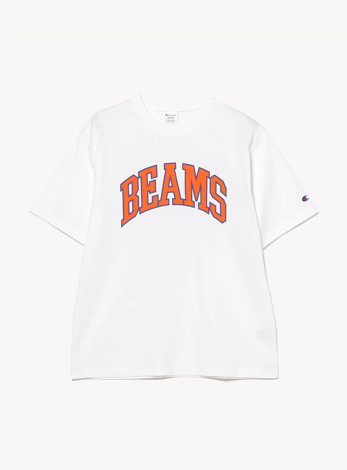 White T-shirt with BEAMS in large orange block letters outlined in blue across the front. The shirt has short sleeves and a relaxed fit.