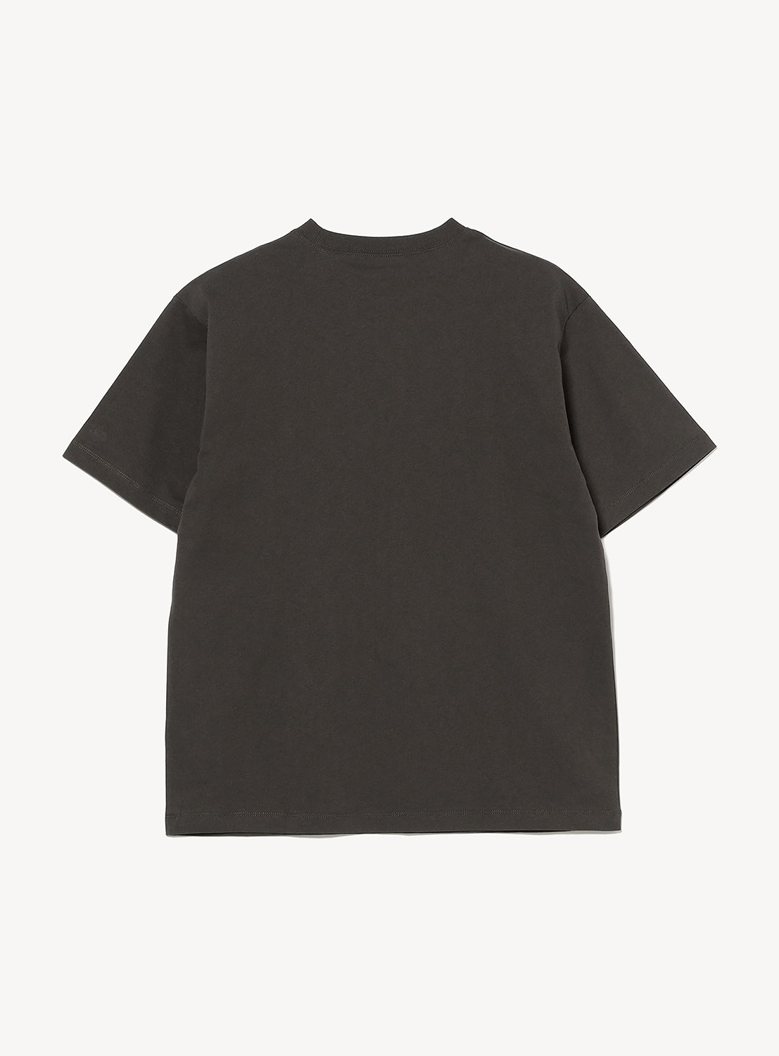 The [Exclusive] BEAMS x Champion Logo T-Shirt by CHAMPION, a plain black short-sleeve shirt crafted from sustainable American cotton, is laid flat against a white background, shown from the back.