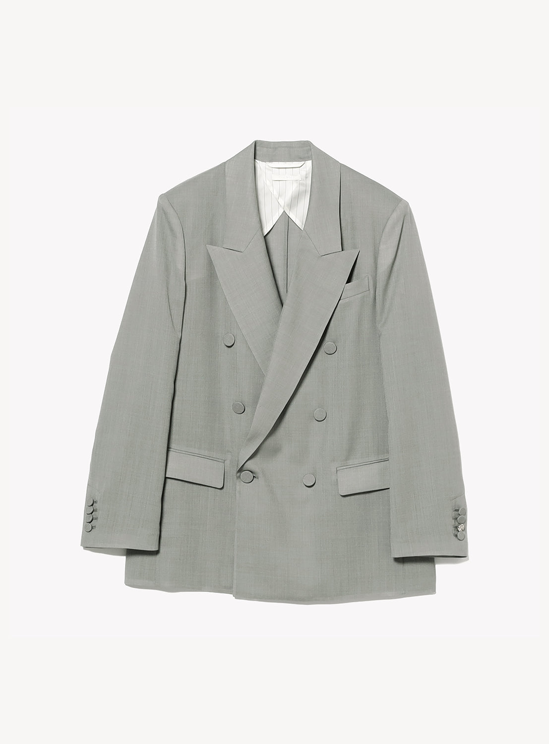 Sheer Tailored Blazer 6S by KANAKO SAKAI in light gray, featuring a double-breasted design with peaked lapels, two rows of buttons, front flap pockets, and buttoned cuffs, laid flat on a white background.