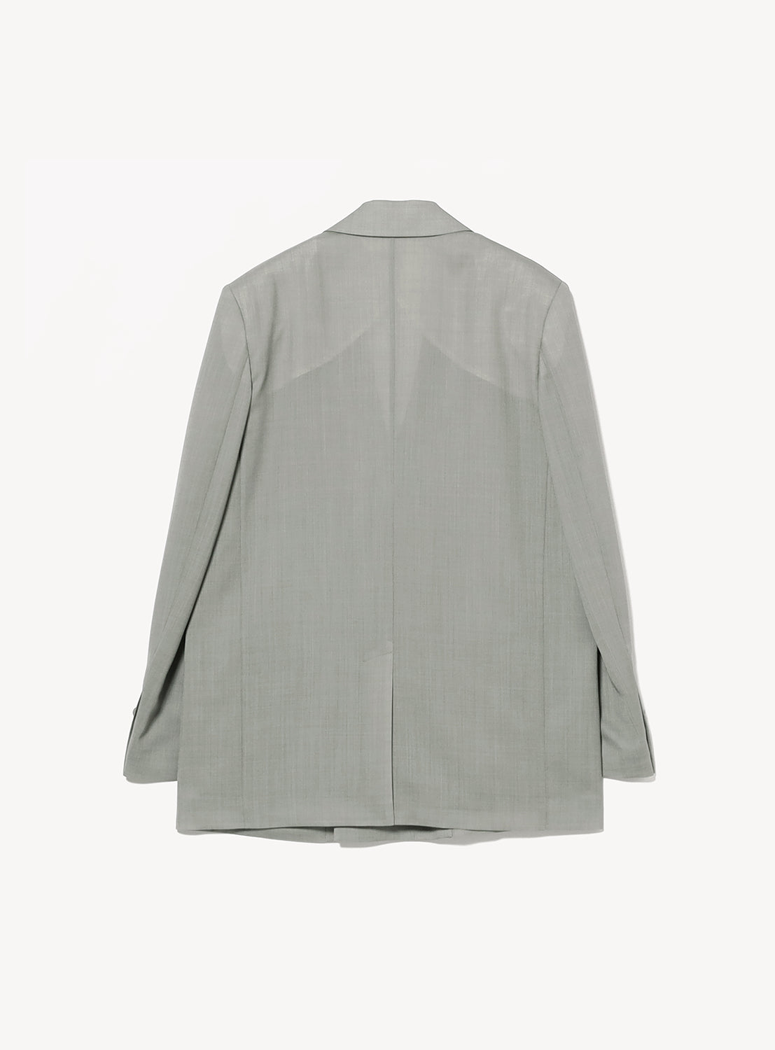 The Sheer Tailored Blazer 6S by KANAKO SAKAI is shown from the back, displaying a single vent at the bottom and long sleeves. The light gray blazer features a smooth, lightweight fabric and is photographed against a plain white background.