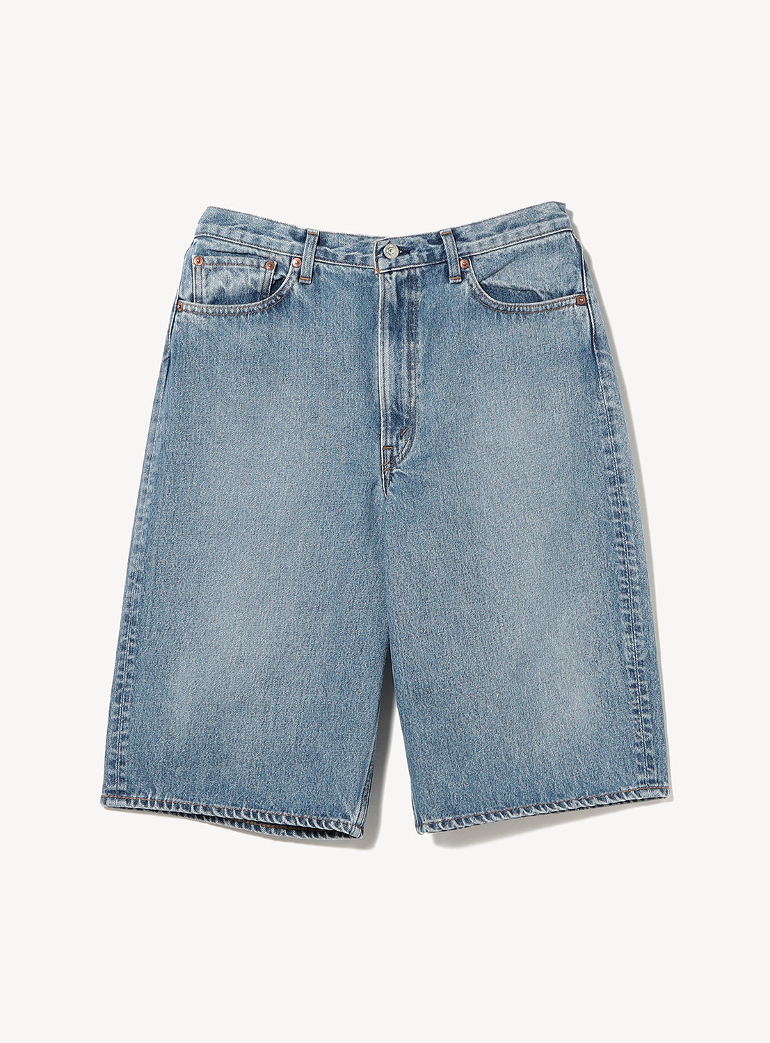 Light blue denim shorts on a white background