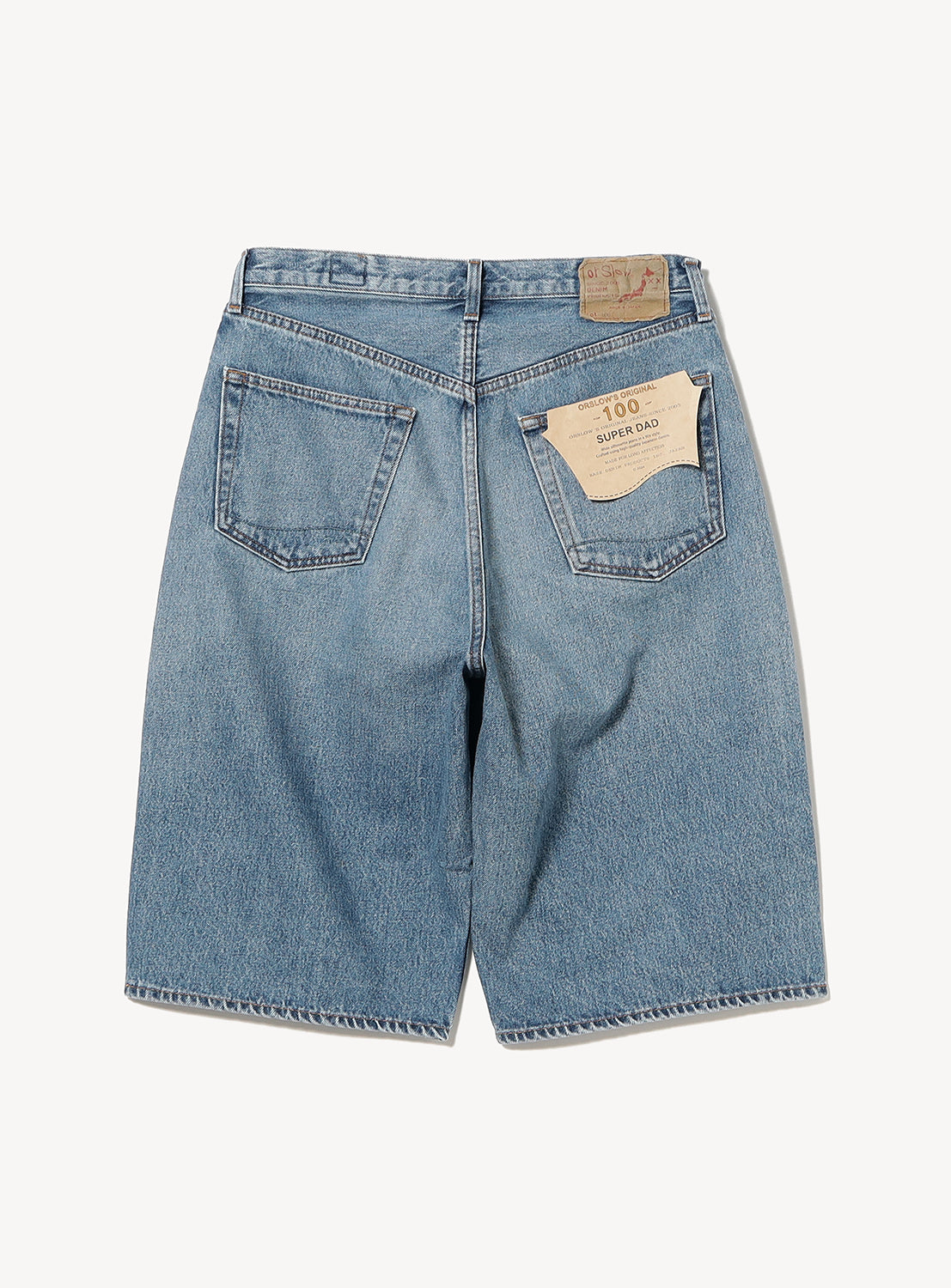 Back view of a pair of light blue denim shorts on a white background