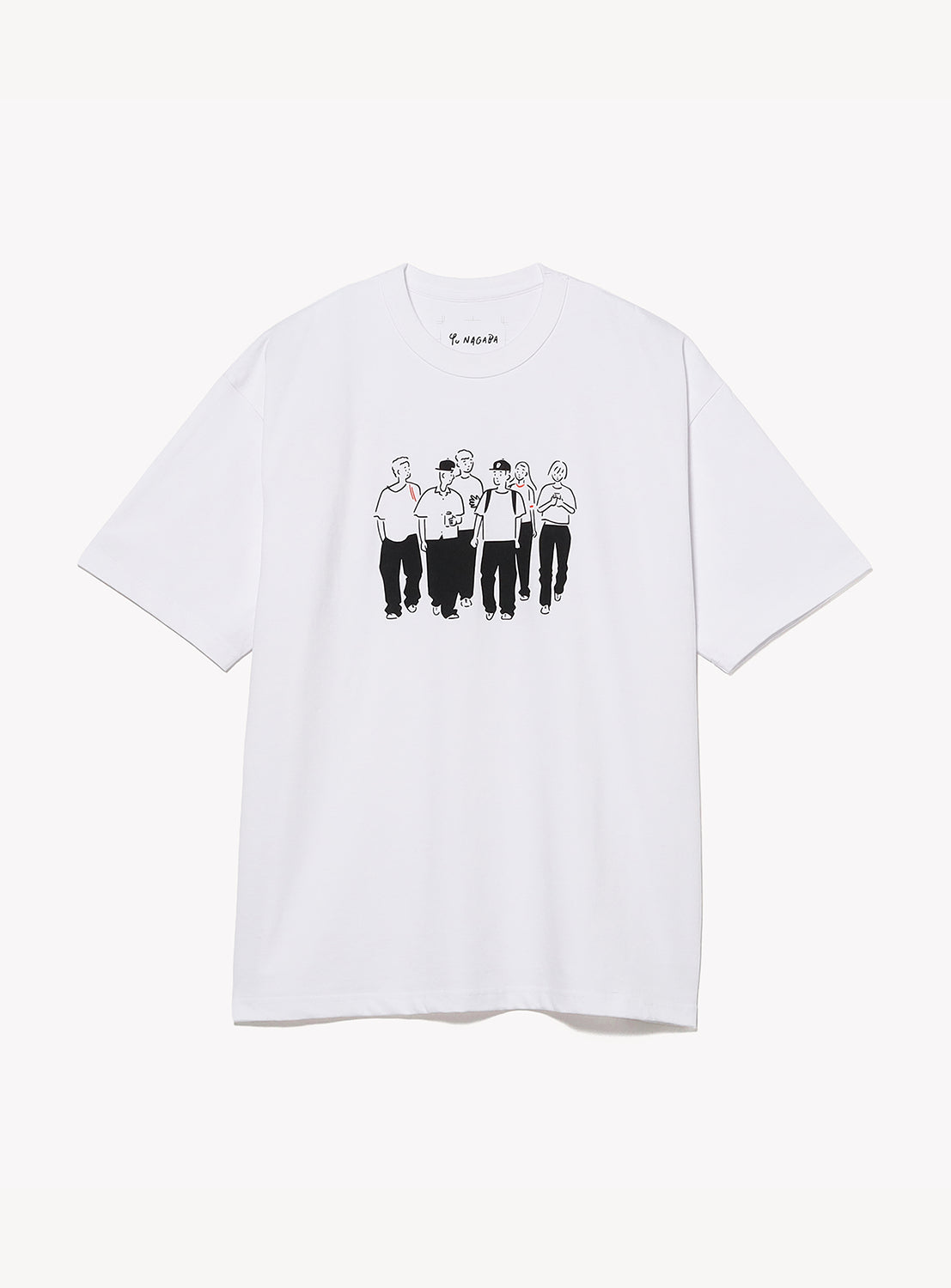 The BEAMS T YU NAGABA T-shirt is white with a black line drawing of five people in a row across the chest, short sleeves, and a relaxed fit. It celebrates the COMMON GROUND exhibition.