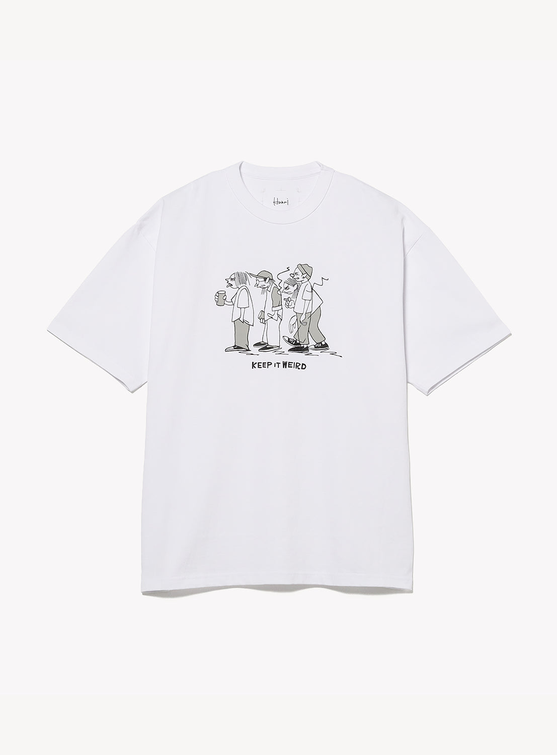 White t-shirt with black graphic design on a white background