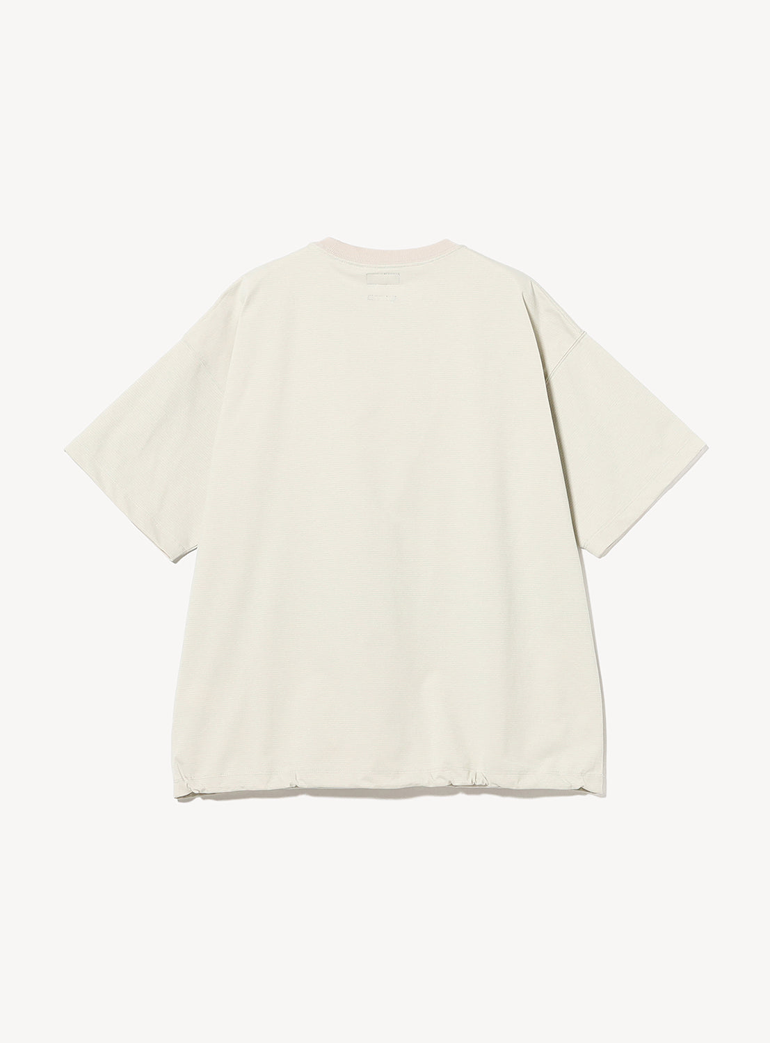 Back view of the BEAMS Micro Stripe Wide Fit T-shirt, featuring a plain, oversized silhouette with short sleeves in an off-white performance fabric—no visible graphics or patterns. Designed with a relaxed fit and crafted from moisture-wicking material for all-day comfort, shown against a white background.