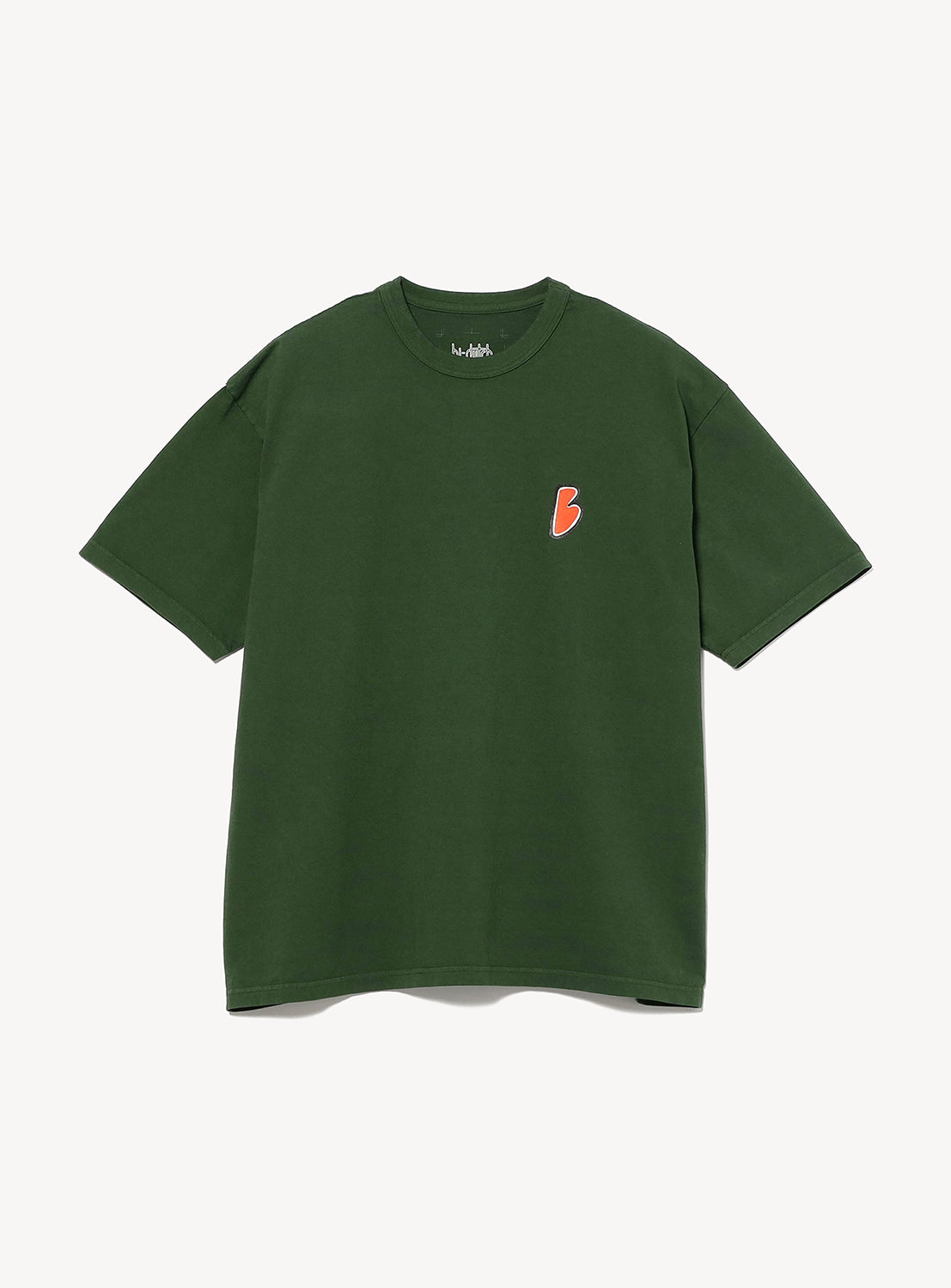 A plain dark green hi-dutch T-shirt by BEAMS T with a small red and white 'b' logo on the left chest, celebrating the BEAMS 50th anniversary collaboration with GALLERY TARGET, displayed on a white background.