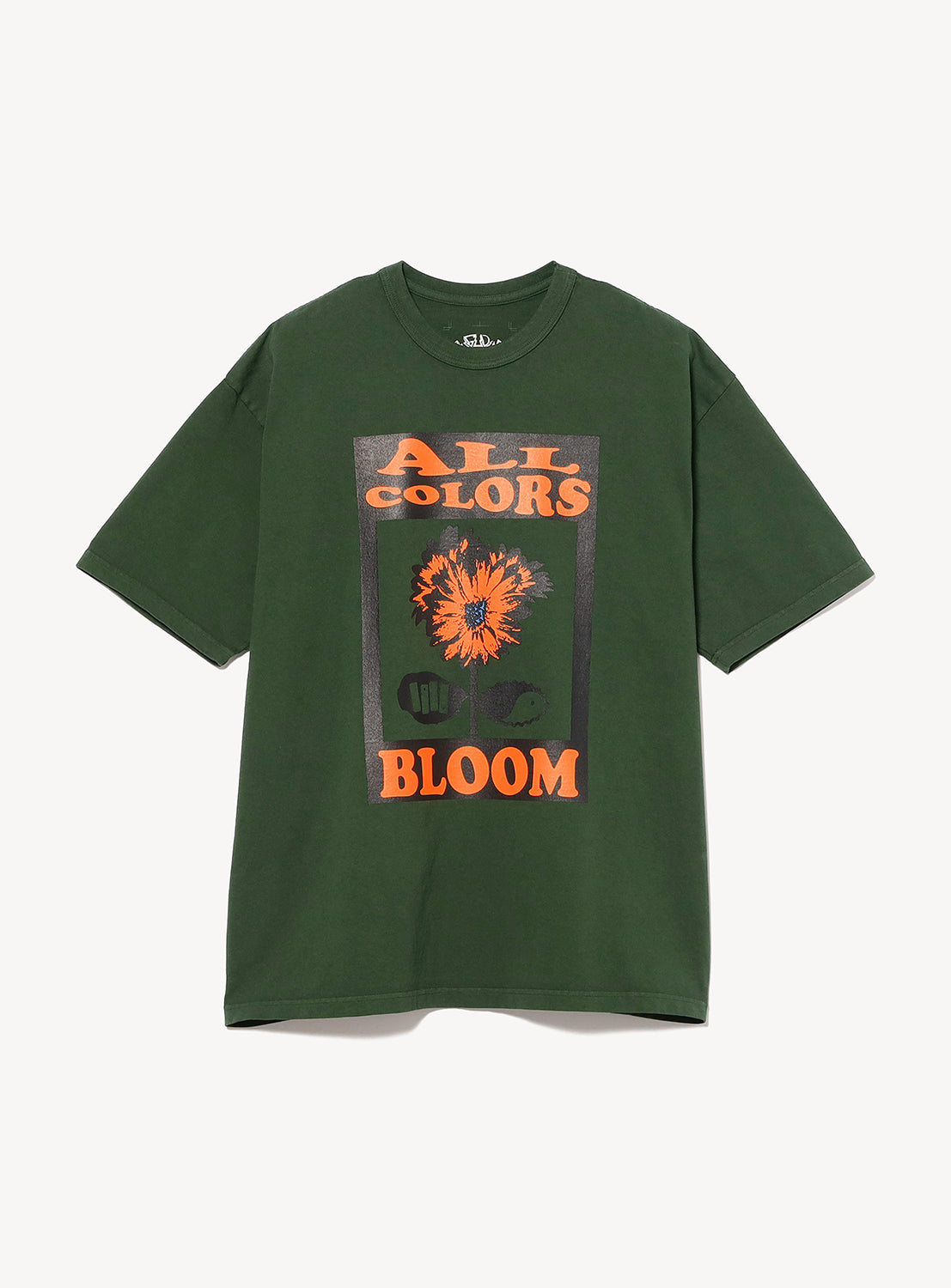 The BEAMS T dugudagii T-shirt is a dark green tee featuring an orange flower and leaf artwork with "ALL COLORS BLOOM" in bold orange, made for the COMMON GROUND exhibition.