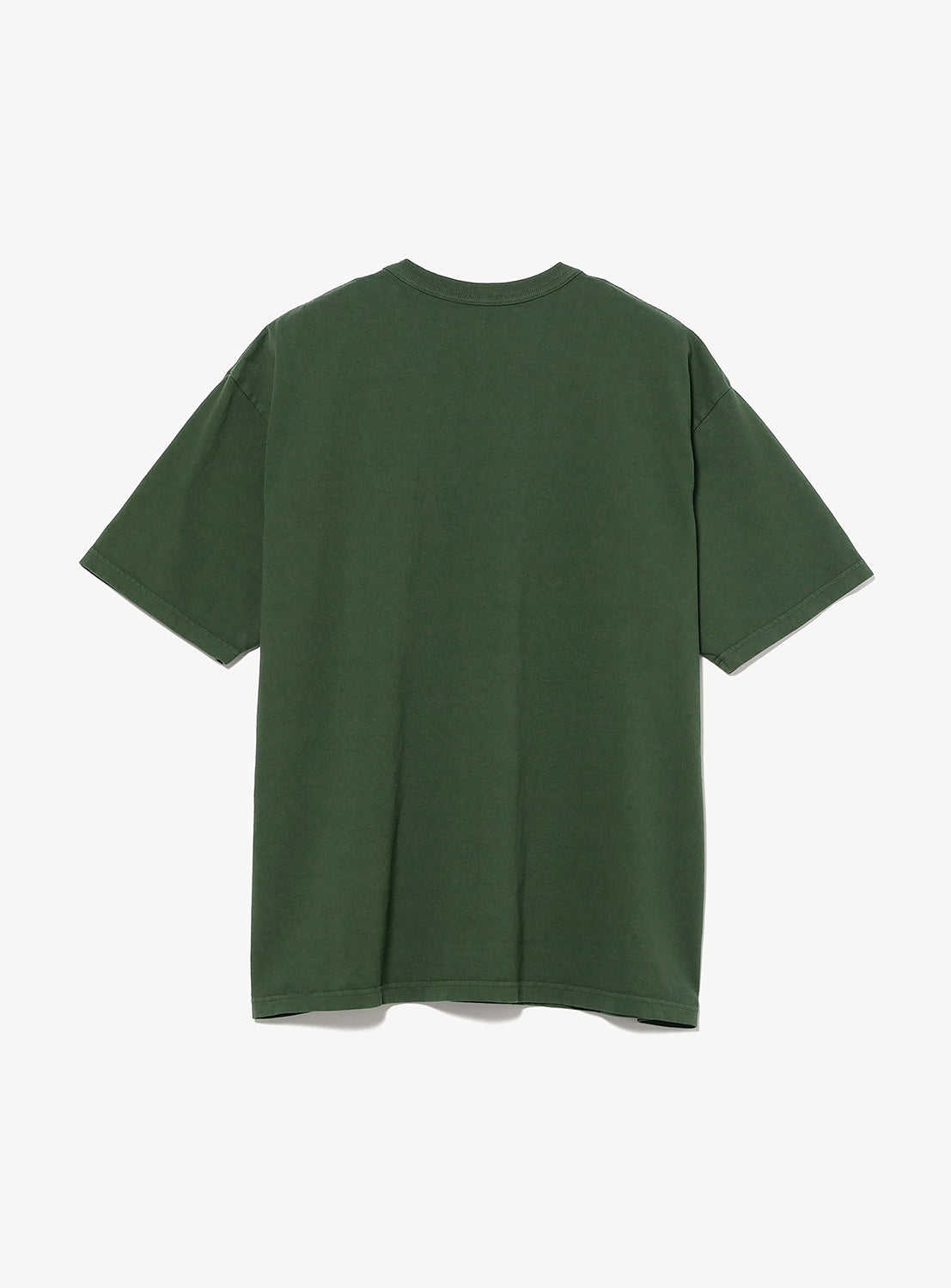 The dugudagii T-shirt by BEAMS T is a plain dark green short-sleeve tee, shown from the back on a white background, inspired by the COMMON GROUND exhibition for BEAMS 50th anniversary.