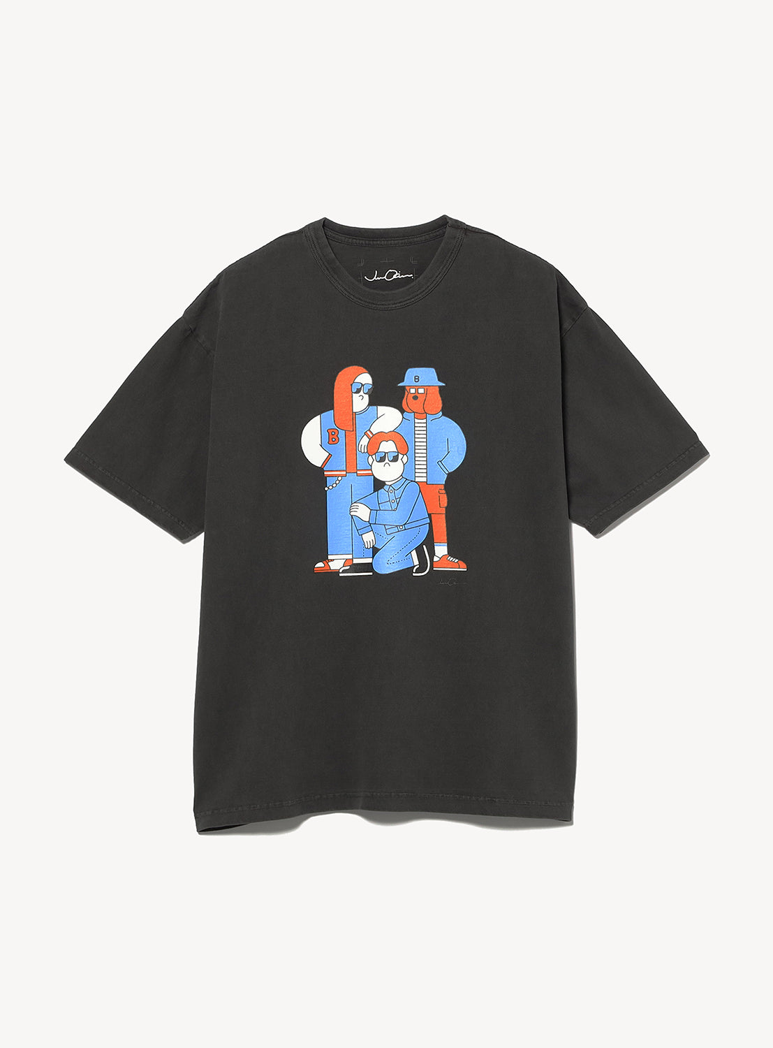 The BEAMS T JUN OSON T-shirt is a black heavyweight jersey tee with a vibrant print of three cartoon characters in blue, red, and white wearing hats and sunglasses, designed for the BEAMS 50th anniversary.