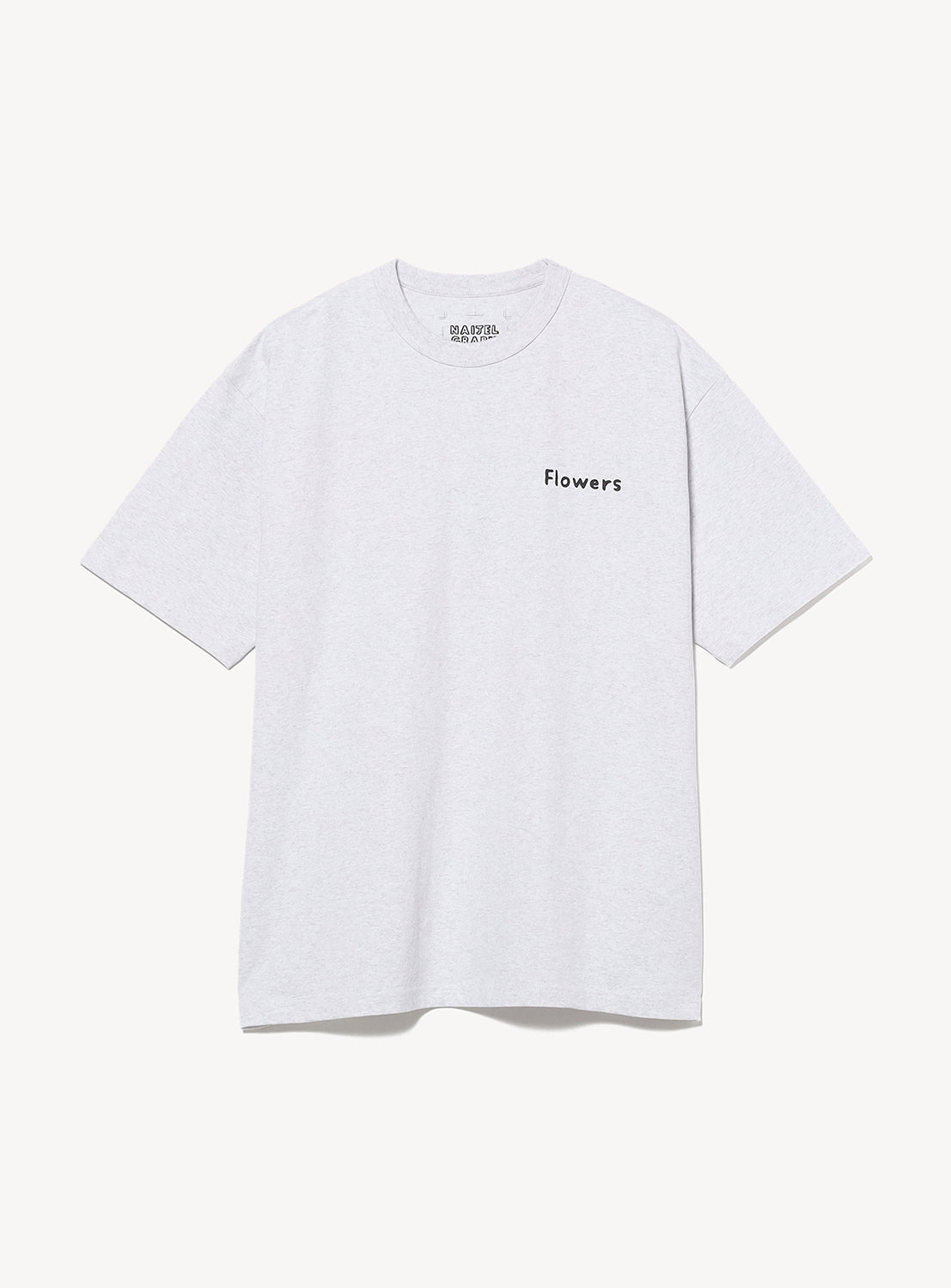 The BEAMS T NAIJEL GRAPH T-shirt is a light gray heavyweight tee featuring small black "Flowers" text on the left chest, NAIJEL GRAPH artwork, short sleeves, and a crew neck—celebrating BEAMS's 50th anniversary.