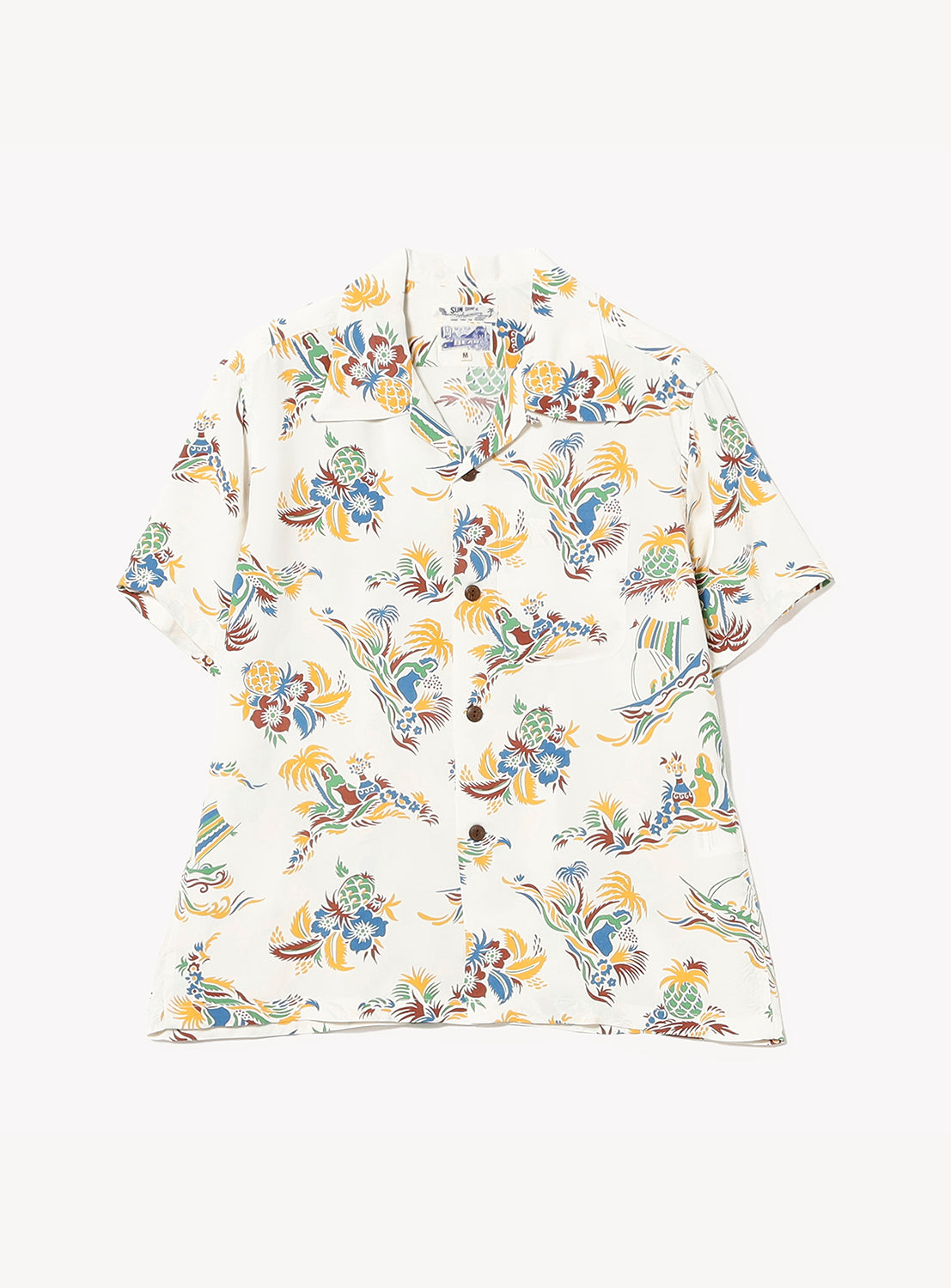 The SUN SURF x BEAMS BOY Open Collar Shirt by SUN SURF is a short-sleeved Hawaiian style shirt with a white base and vibrant blue, yellow, green, and orange floral nature-inspired patterns.