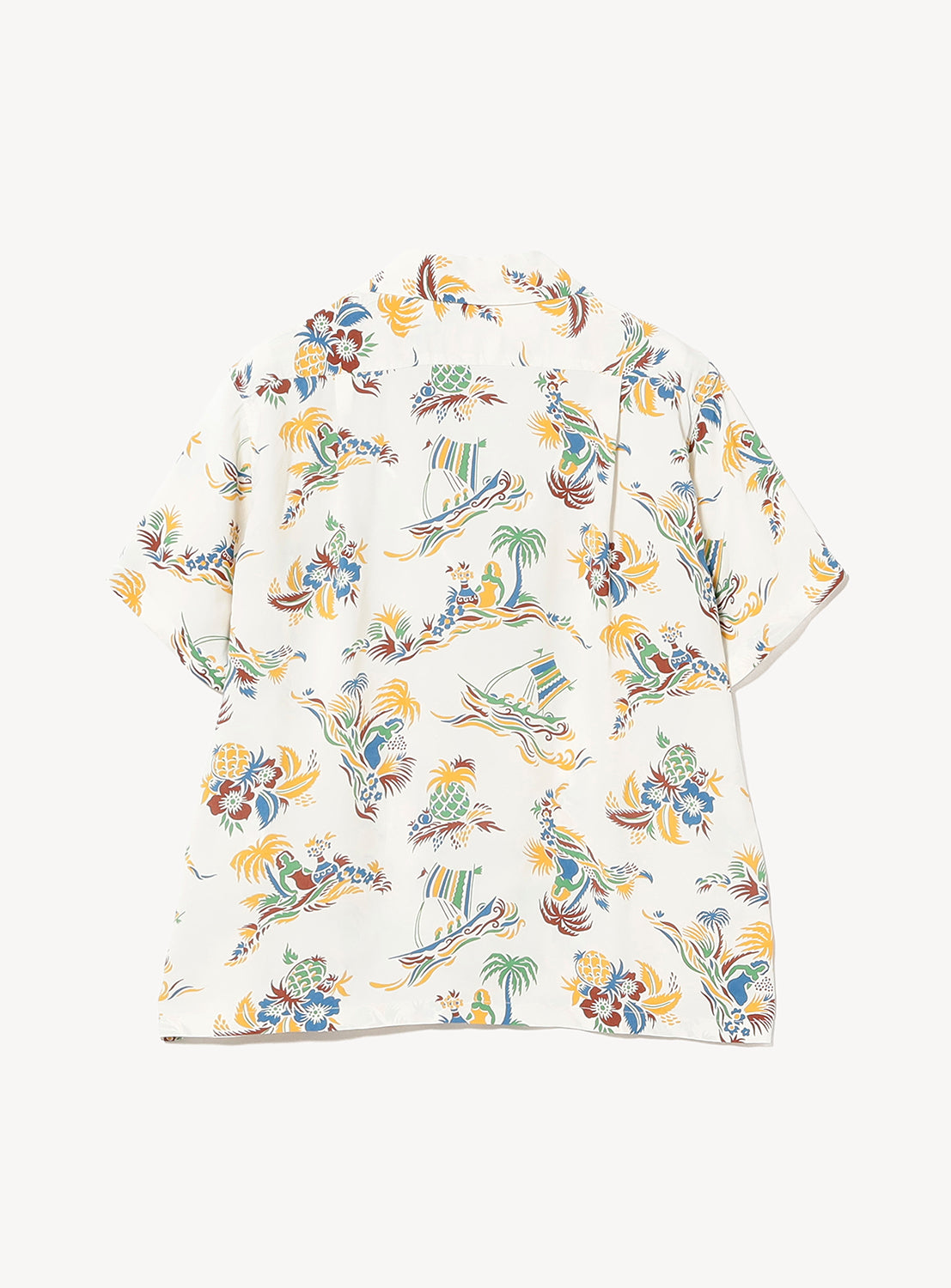 The [Exclusive] SUN SURF x BEAMS BOY Open Collar Shirt by SUN SURF is a short-sleeved, white button-up with a colorful floral and bird pattern—ideal for adding Hawaiian flair. The shirt is displayed flat on a white background.
