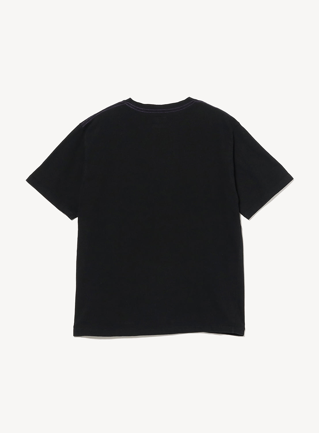 Back view of a black crew neck T-shirt showcasing a simple, clean design with a relaxed silhouette. Subtle purple stitching along the back neckline adds a refined accent while maintaining the understated aesthetic.