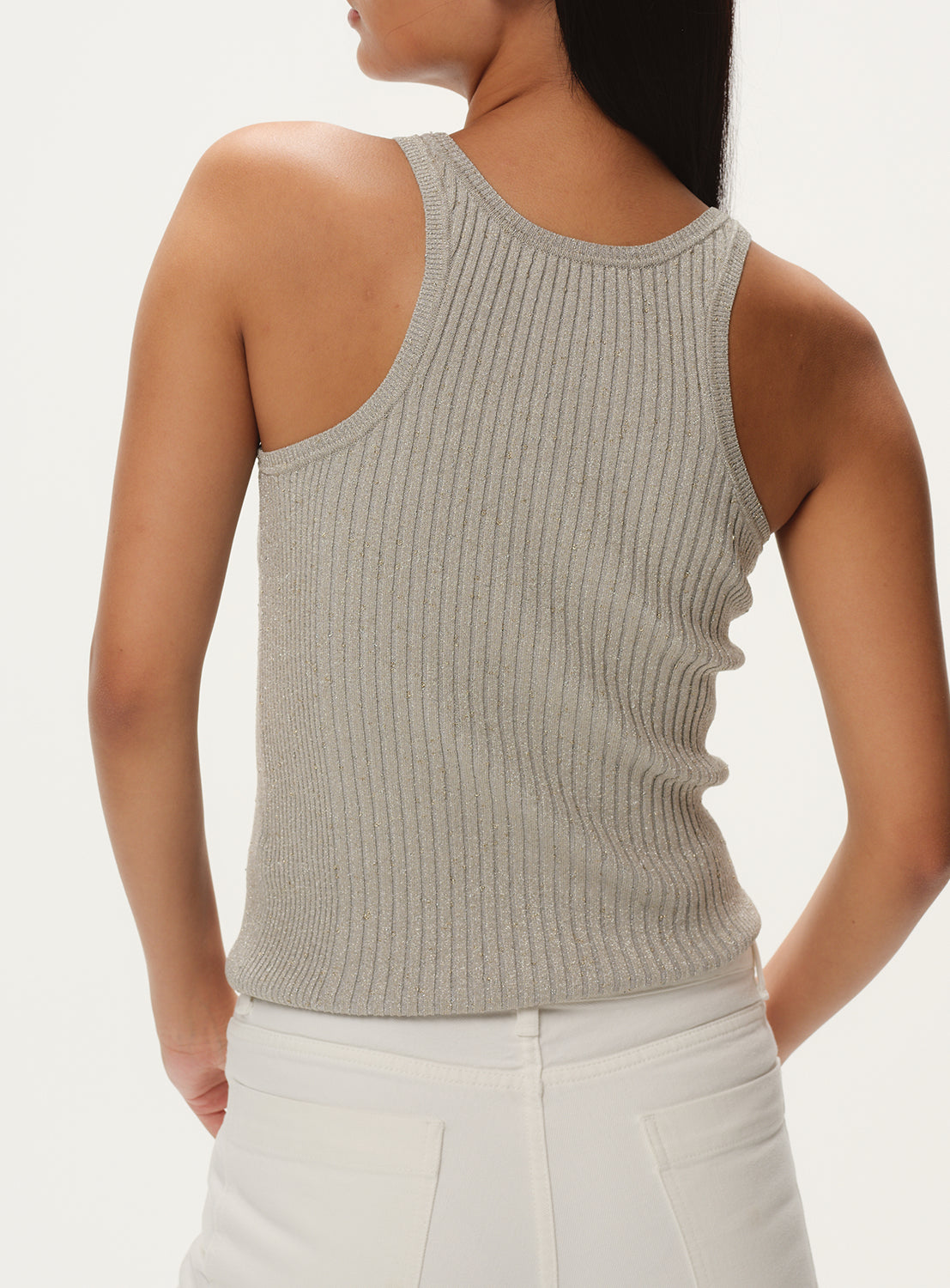 Back of grey ribbed glitter tank top.