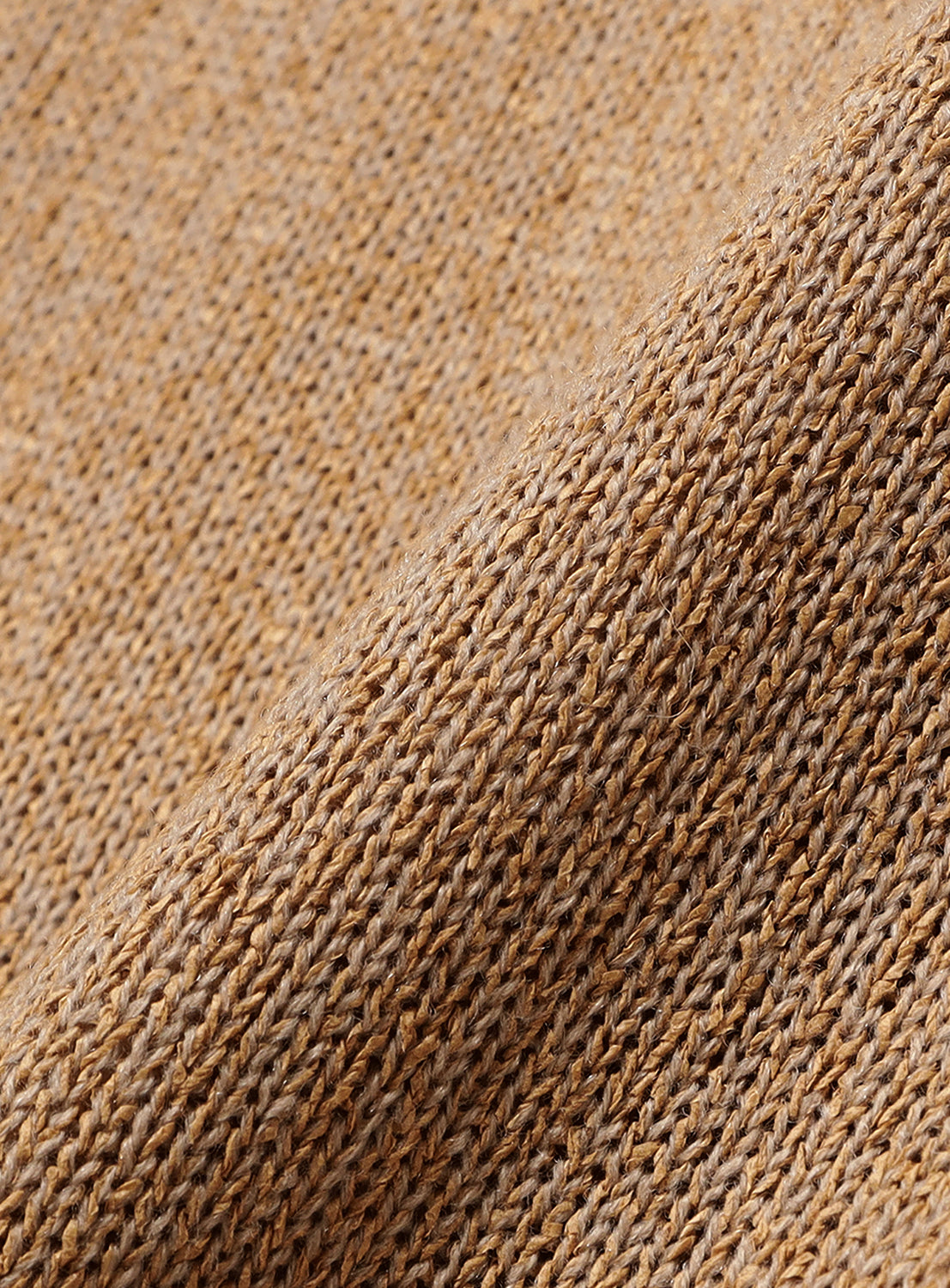 Close-up of a BEAMS 7-Gauge Washi Crew Neck Knit in tan, featuring a visible, coarse melange finish.