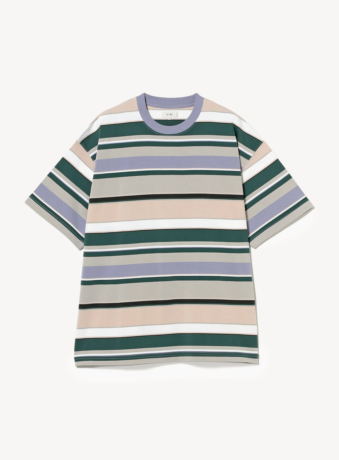 The BEAMS Multi-Border T-Shirt is a short-sleeved crewneck crafted from 100% cotton, featuring signature border stripes in green, beige, white, purple, and blue tones. The shirt is displayed laid flat on a white background.