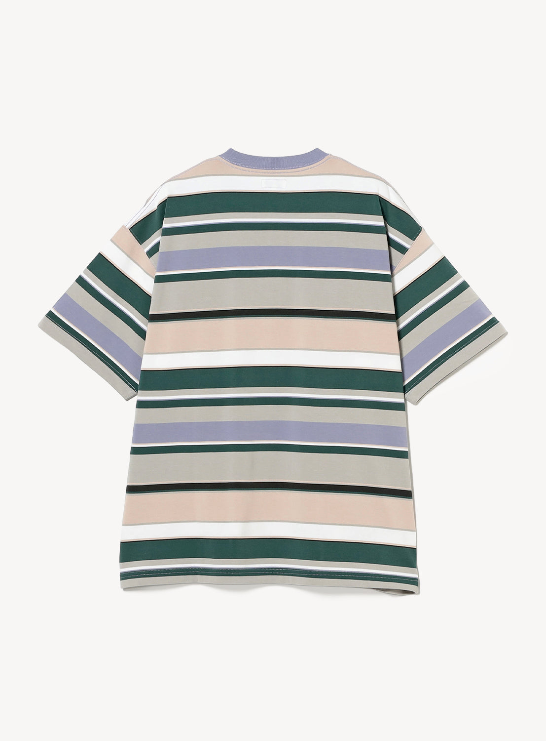 The Multi-Border T-Shirt by BEAMS features short sleeves and a crewneck, showcasing signature border stripes in green, beige, white, and lavender. Crafted from 100% cotton, the shirt is shown laid flat with the back side visible.