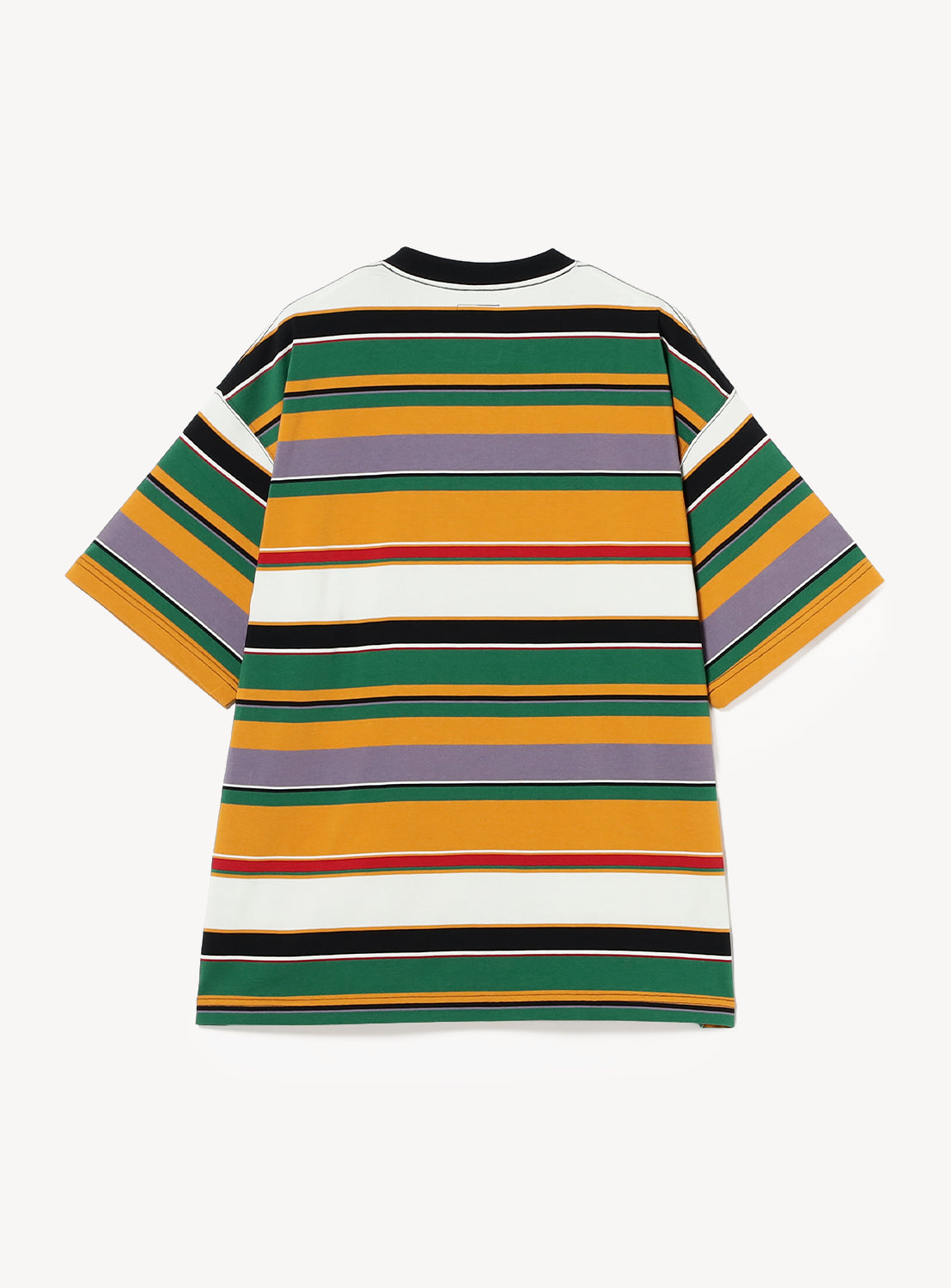 The BEAMS Multi-Border T-Shirt is a 100% cotton, short-sleeved crewneck featuring vibrant border stripes in orange, green, purple, black, and white. The shirt is displayed flat from the back.