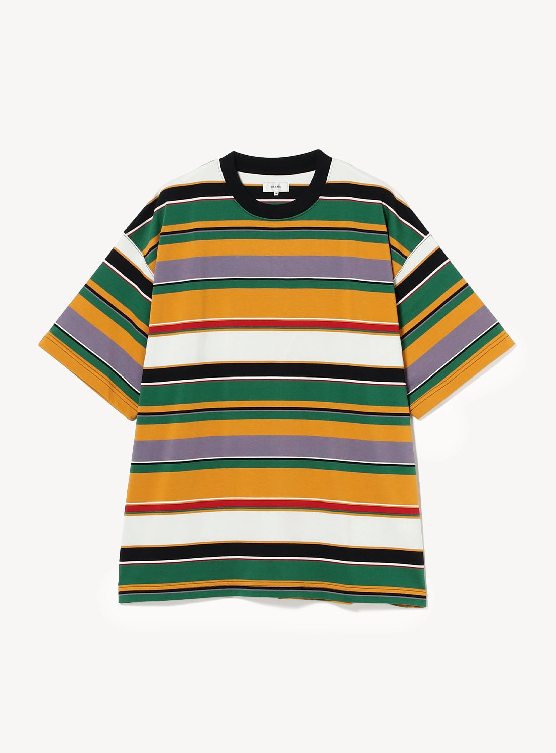 The BEAMS Multi-Border T-Shirt is a 100% cotton crewneck featuring mustard yellow, green, purple, orange, white, and black multi-colored border stripes, shown laid flat on a white background.