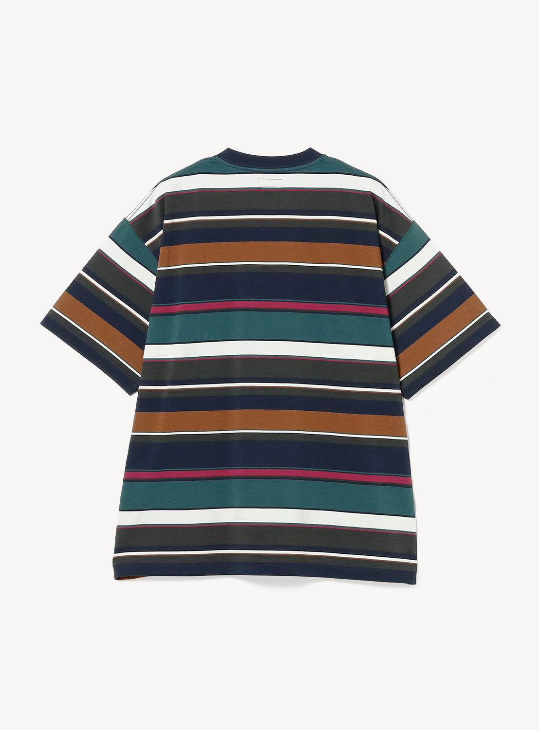 The BEAMS Multi-Border T-Shirt, crafted from 100% cotton, features an oversized short-sleeve crewneck silhouette with wide horizontal stripes in green, brown, navy, white, black, and a thin magenta accent. The shirt is displayed laid flat with the back side up against a white background.