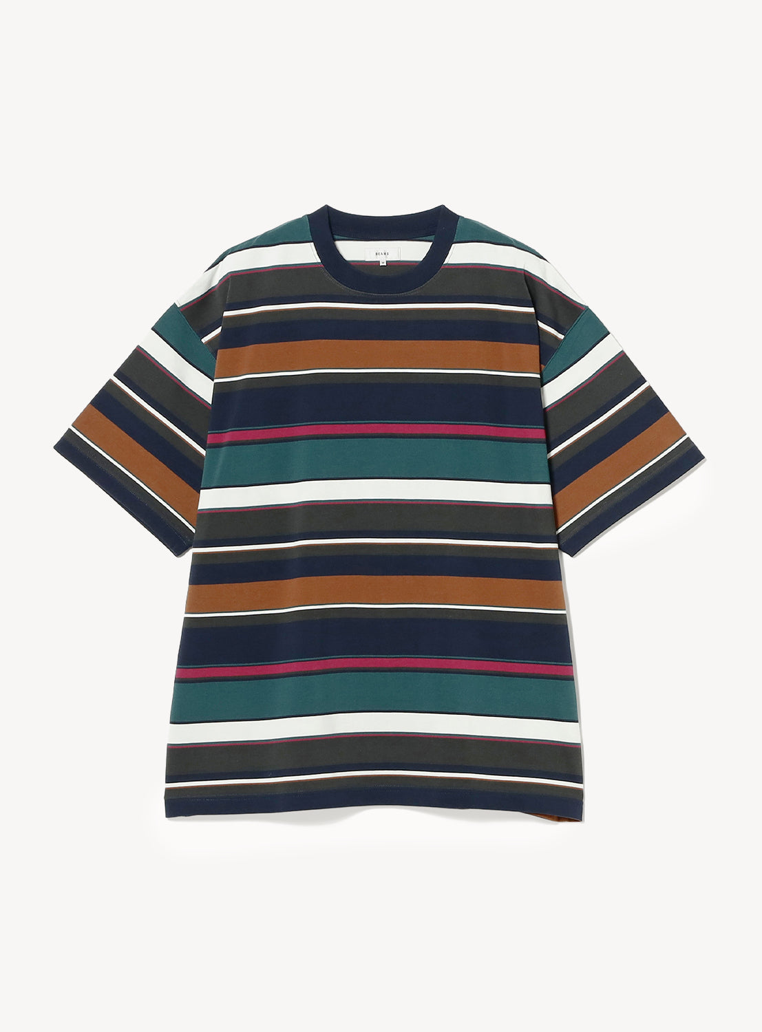The BEAMS Multi-Border T-Shirt is a short-sleeve crewneck top featuring horizontal border stripes in teal, navy, white, brown, black, and magenta. Made from 100% cotton, the shirt is shown laid flat against a white background.