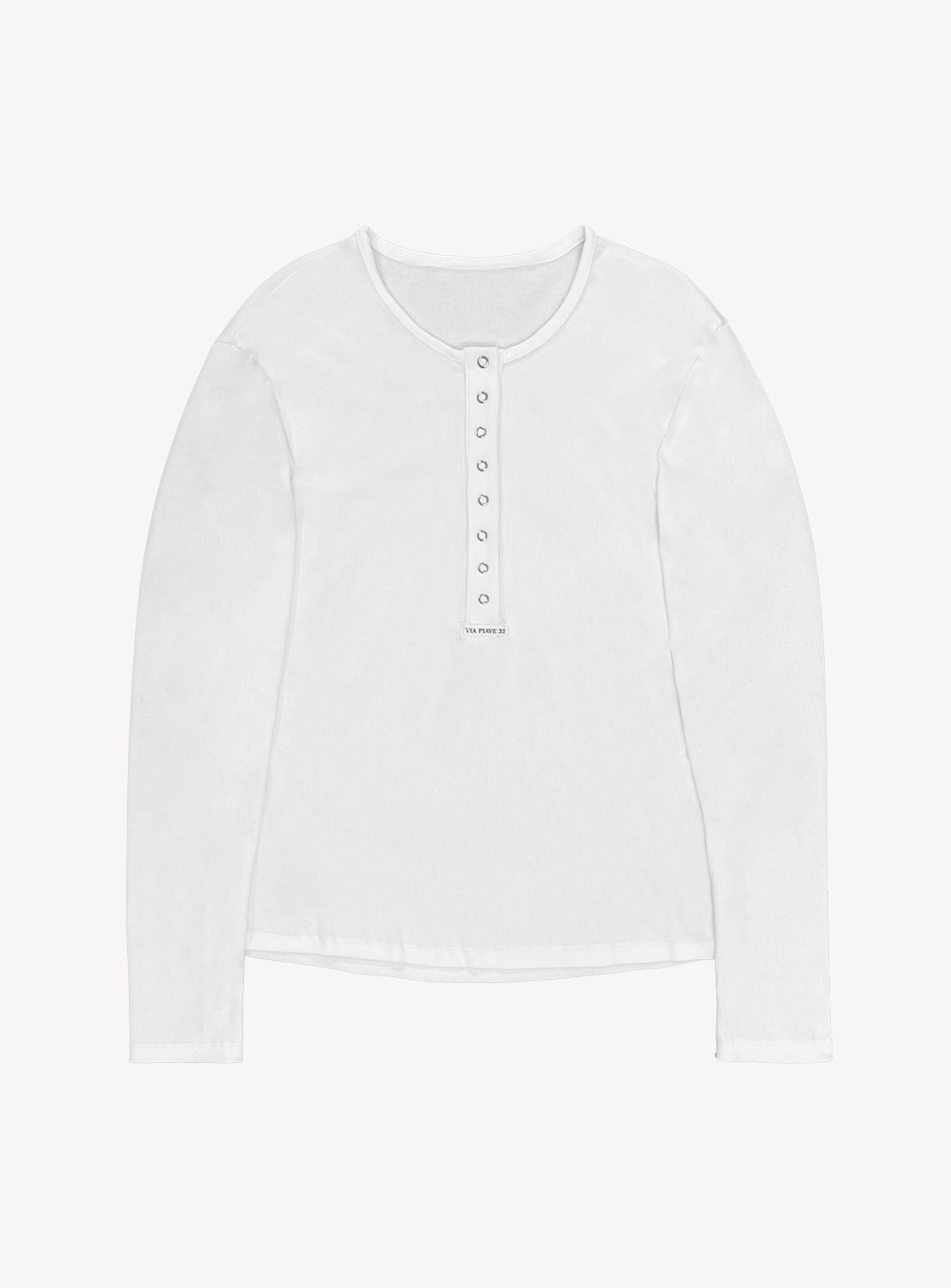 The Serafino Shirt by VIAPIAVE33 is a plain white ribbed long sleeve Henley featuring a round neckline and a buttoned placket down the front, crafted from soft rib-knit fabric for all-day comfort.