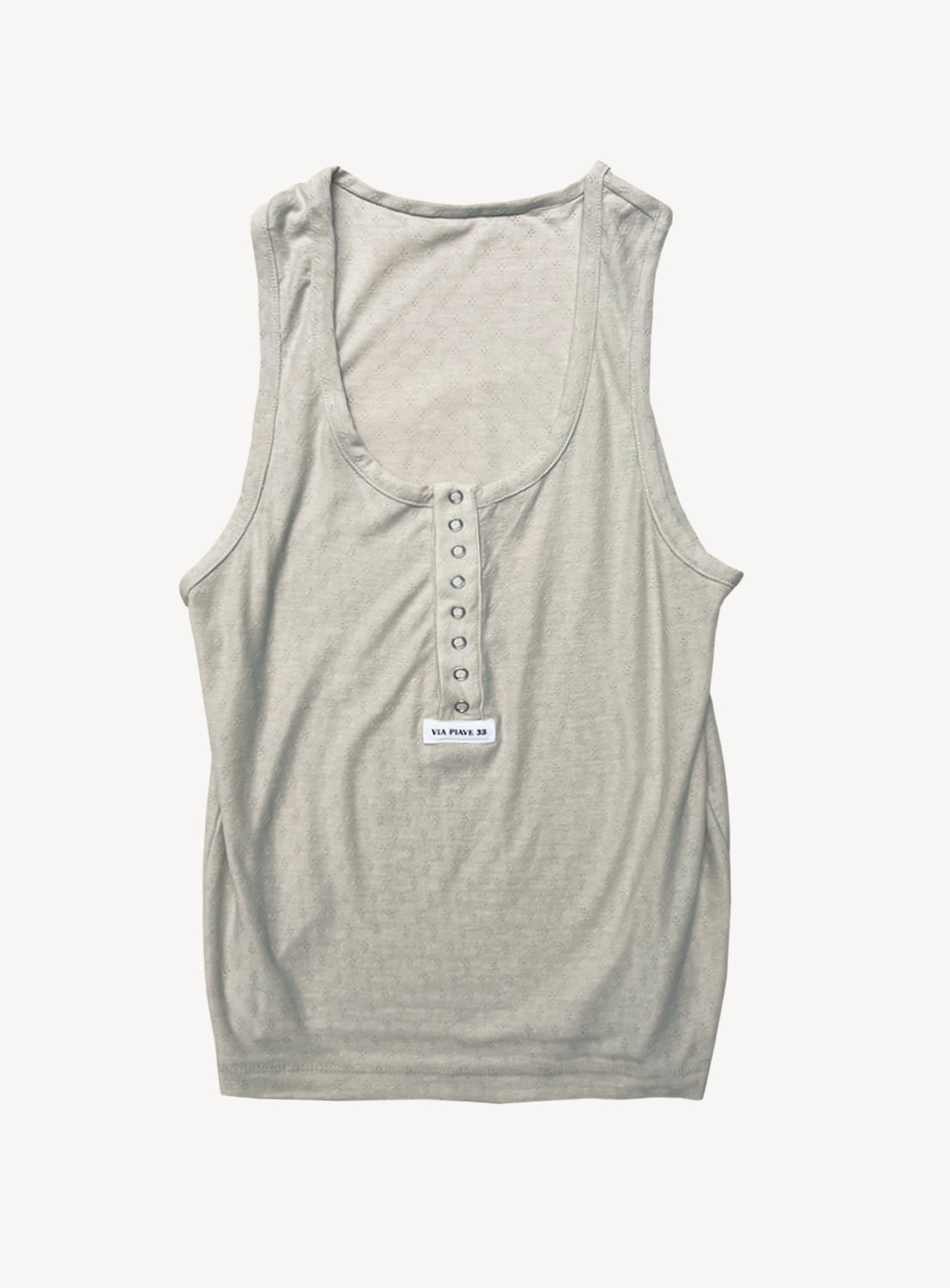 The VIAPIAVE33 Tulip Tank Top, shown laid flat on a white background, features a light gray ribbed fabric and a scoop Henley neckline with a button-down front placket. Perfect for layering, it also has a small white label sewn just below the buttons.